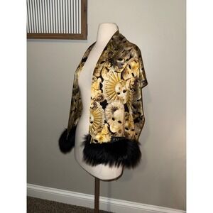 FABBRI Silk Scarf Venetian Mask Fur Trim Luxury Accessory